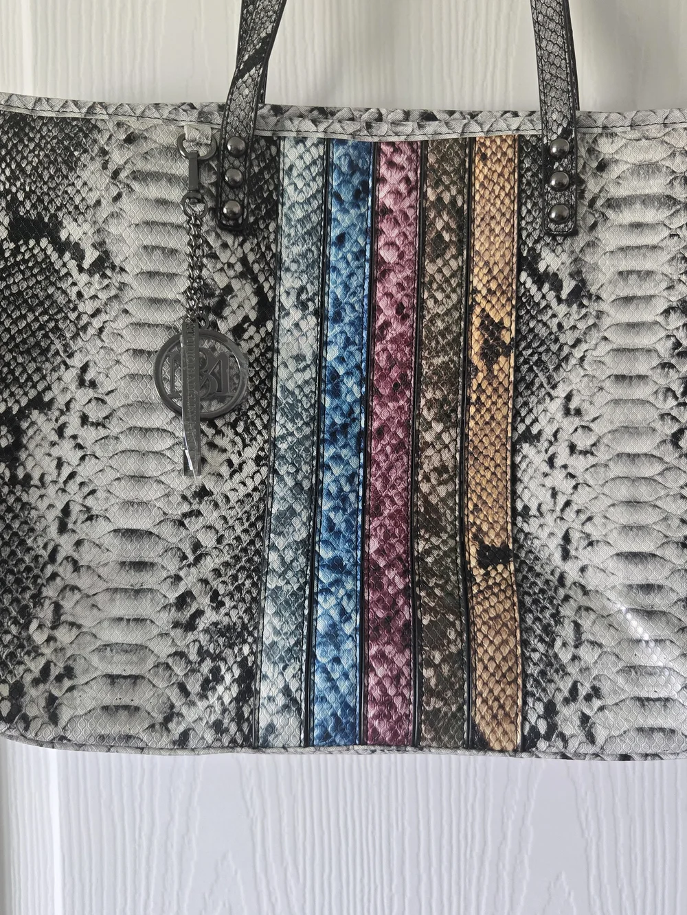 Snake-Print Tote with Multicolor Accent Stripes